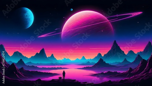 Stunning Neon cyberspace Landscape  Vibrant Mix of Colors  Majestic Mountains