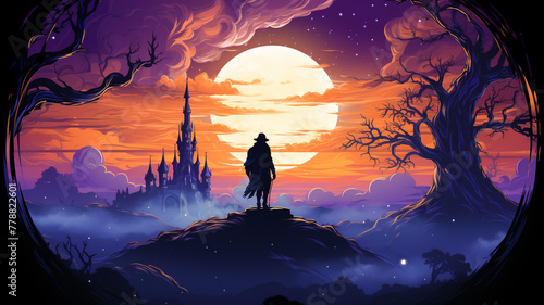 A whimsical logo icon of a magical wizard on a mystical castle with a full moon background.