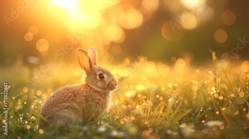 At sunrise, a bunny stretches in a dewy meadow, embodying the essence of new beginnings and hope.