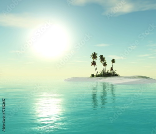 Uninhabited island with palm trees in the ocean at sunset, 3D rendering