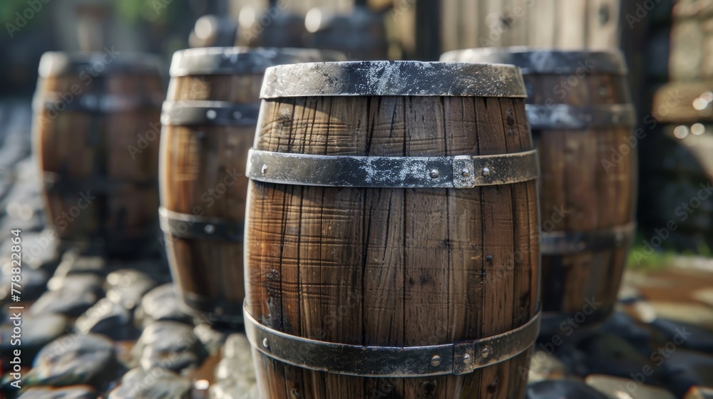 Wooden barrels for wine in a row. Selective focus Wooden barrels for wine in a row. Selective focus