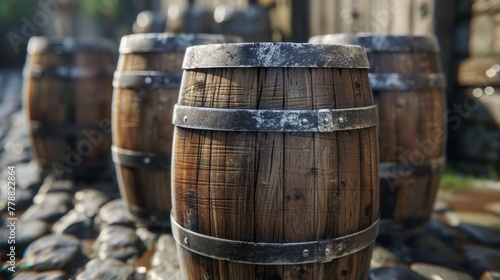 Wooden barrels for wine in a row. Selective focus
