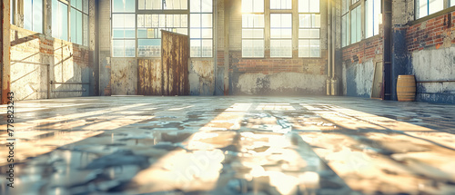 Desolate Industrial Warehouse, Aged and Rusty with Broken Windows, Sunlight Filtering Through