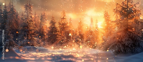 Breathtaking Sunset Painting SnowCovered Forest in Warm Orange and Gold Hues