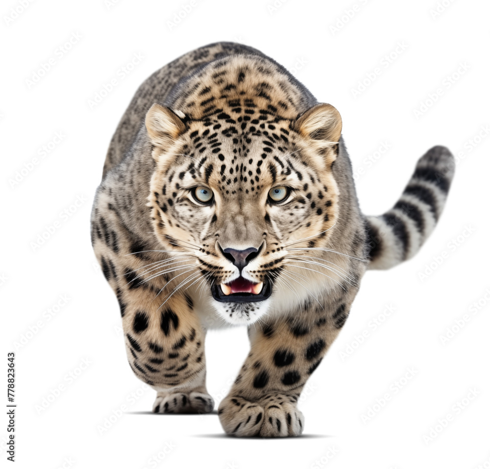 Scary snow leopard sneaking in hunting mode on isolated white background Scary snow leopard sneaking in hunting mode on isolated white background