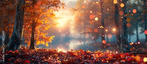Enchanting D Clay Sunset Featuring a Forest in Autumn with Bokeh Lights © Sittichok