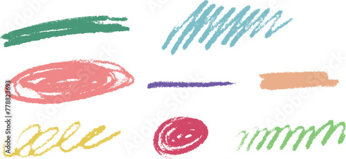 Hand-drawn underlining elements, brush with crayon effect, chalk texture. Chalk stroke for highlighting. Vector illustration in children's style. Crayon brush colored underline.