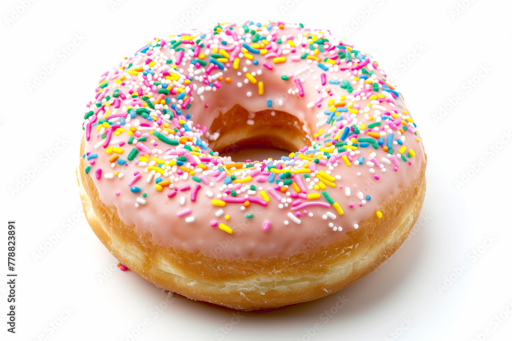 A tempting donut with pink icing and vibrant sprinkles offers a feast for the eyes A tempting donut with pink icing and vibrant sprinkles offers a feast for the eyes