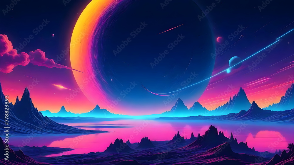 Stunning Neon Galaxy Landscape, Vibrant Mix of Colors, Majestic Mountains, Celestial Bodies in Ethereal Lighting