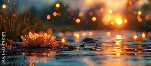 Tranquil D Clay Sunset with Reflecting Pond and Bokeh Lights