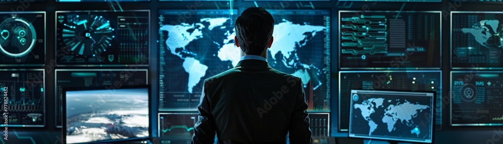 A cybersecurity expert focused on multiple monitors displaying data protection information and world maps. A cybersecurity expert focused on multiple monitors displaying data protection information and world maps.