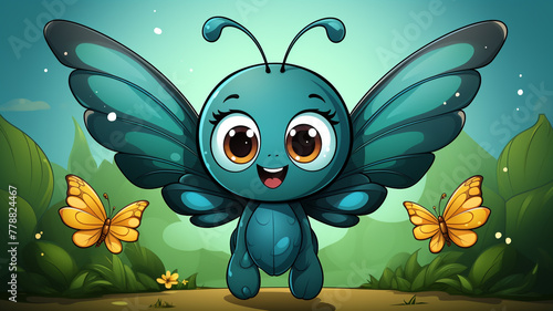 An adorable cartoon logo of a happy butterfly fluttering its wings.
