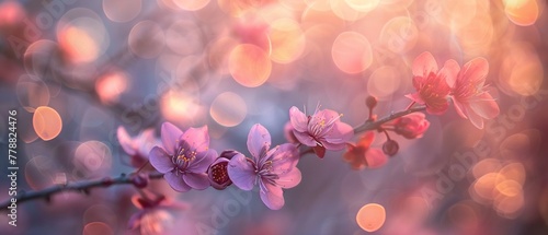 A gentle focus on the soft pink cherry blossoms against a glowing warm light background.