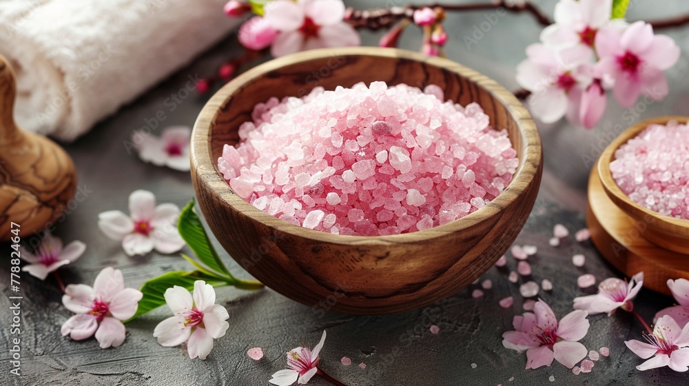 A serene spa setup featuring pink bath salt in a wooden bowl with cherry blossoms around. A serene spa setup featuring pink bath salt in a wooden bowl with cherry blossoms around.