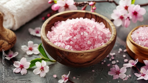 A serene spa setup featuring pink bath salt in a wooden bowl with cherry blossoms around.