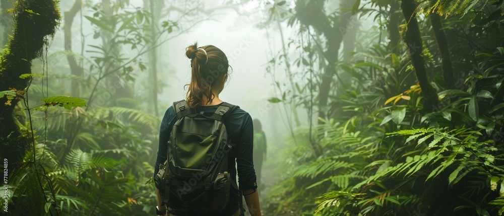 Back view of a woman hiking alone in a dense and misty rainforest.