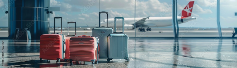 Assorted travel luggage standing in an airport terminal with airplane in background. Assorted travel luggage standing in an airport terminal with airplane in background.