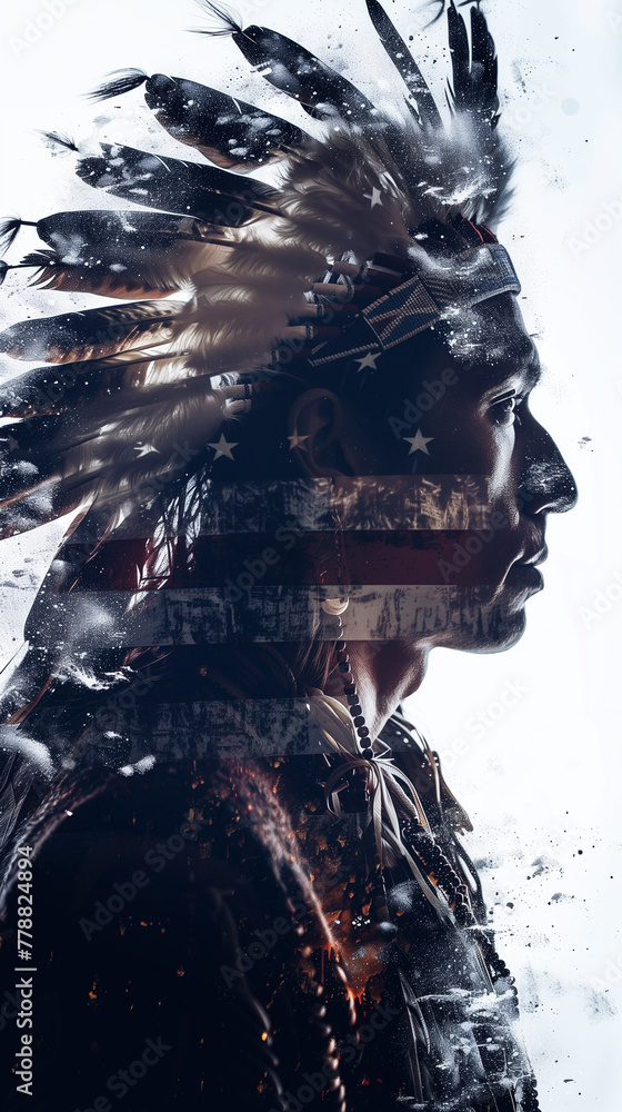 Fototapeta premium Native American & American flag. double exposure Celebrate heritage, pride. copy space.