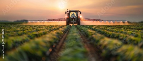 Agricultural tractor spraying pesticides on soybean crops at sunset