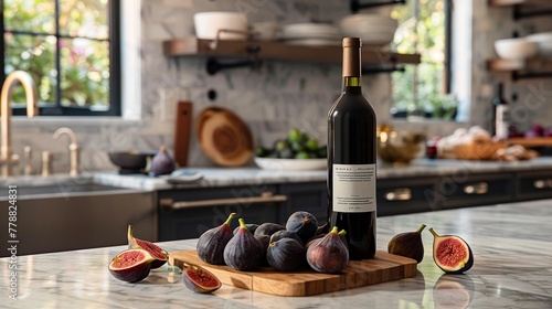 An elegant bottle of artisanal fig beverage displayed on a contemporary kitchen counter
