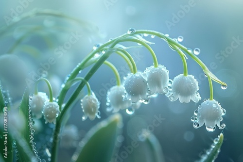 Delicate lily of the valley flowers covered in morning dew