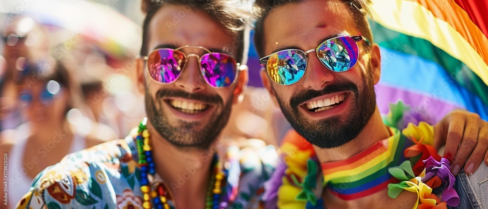 Two smiling men enjoy a pride event