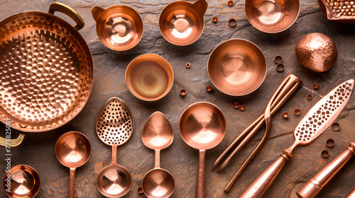 Copper Utensils Array, a collection of copper utensils, exquisite designs, reflecting the artistry of Indian metalwork photo