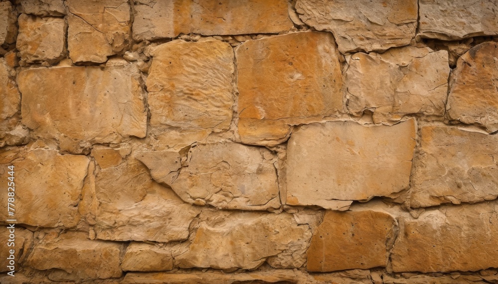 Warm orange hues dominate the rough texture of this stone wall, exemplifying a rustic and sturdy backdrop suitable for design.