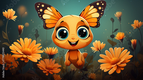 An adorable cartoon logo of a happy butterfly perched on a flower.
