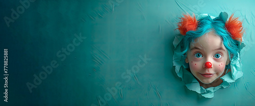  Banner with head of funny girl with orange pompons peeking through a hole in a green paper wall. photo