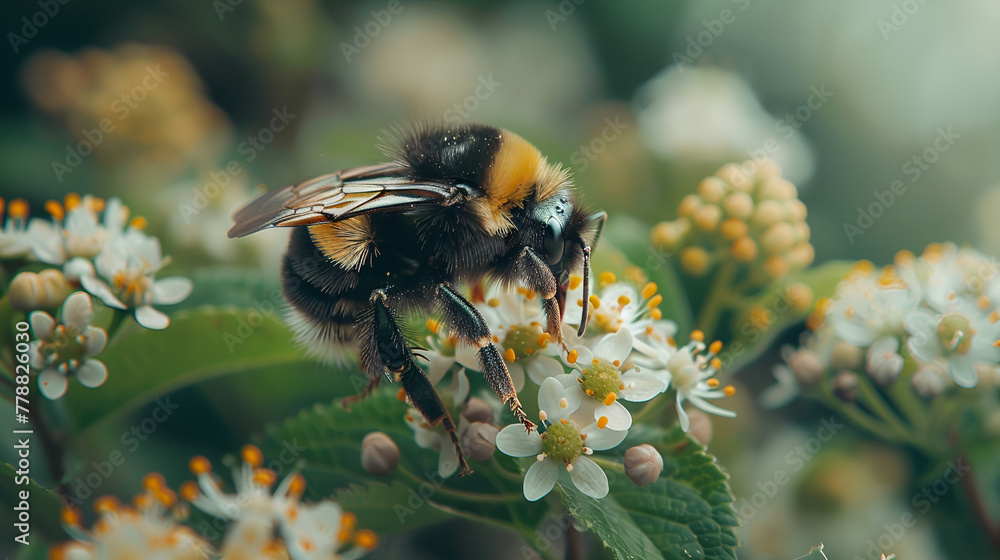 In a mesmerizing close-up, a bumblebee busily gathers pollen from delicate white and yellow flowers, showcasing the essential role it plays in nature's pollination process. In a mesmerizing close-up, a bumblebee busily gathers pollen from delicate white and yellow flowers, showcasing the essential role it plays in nature's pollination process.