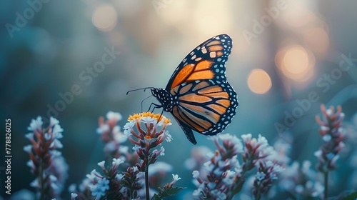 A monarch butterfly perched gracefully on a blooming flower against a soft, dreamy dusk backdrop.