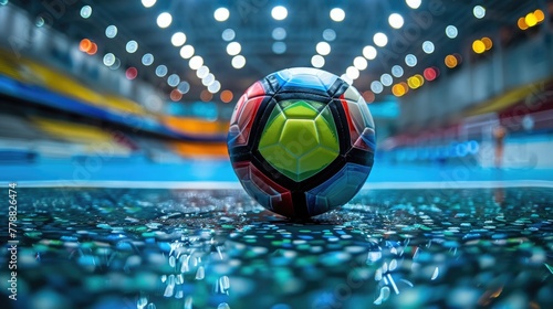 The vivid colors of a futsal ball in the foreground, with the indoor arena and its enthusiastic spectators softly blurred, reflecting the fast action and precision of futsal