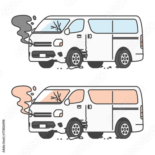 物流シリーズ：交通事故で壊れてしまった商用車バン、ワンボックスカー。(カラー&モノカラーのSET)