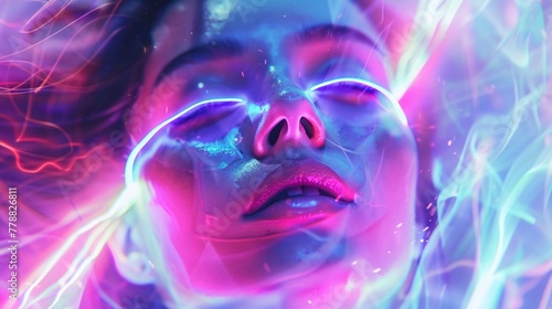 Futuristic portrait, character emitting psychic waves, surrounded by neon glows and pastel gradients, encapsulating imagination super realistic © Dinopic 3Ds