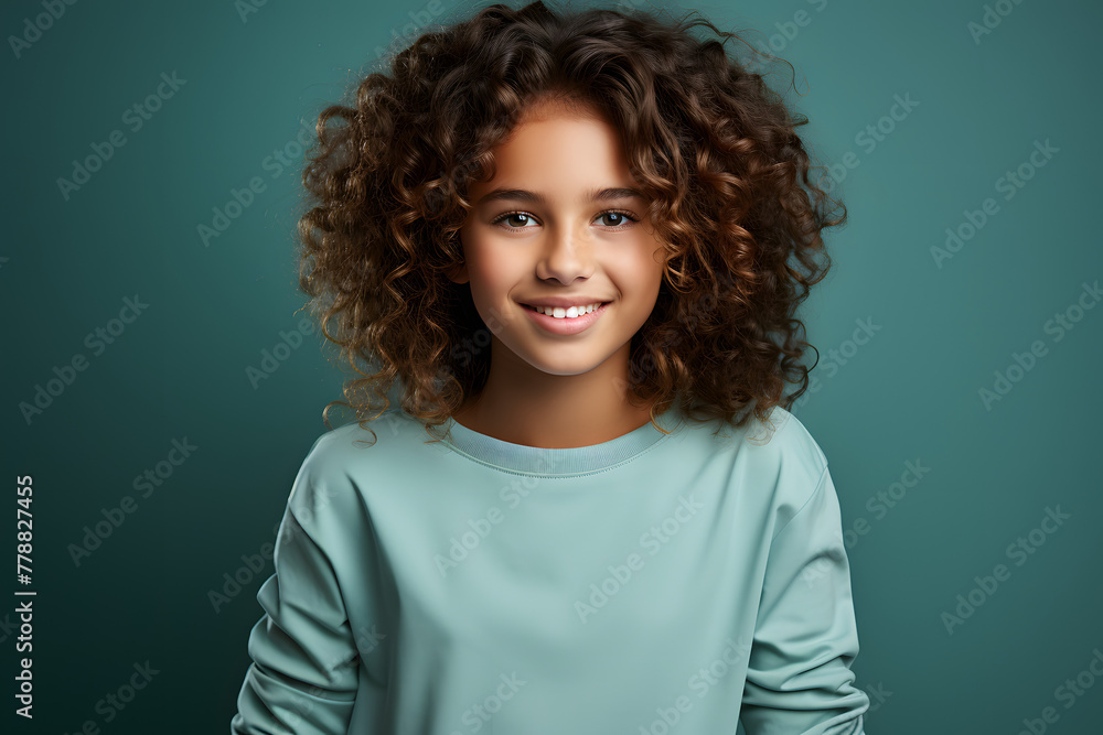 Teen and Child Confidence, Enthusiasm, Blank Space, Vibrant Teal Backdrop. Teen and Child Confidence, Enthusiasm, Blank Space, Vibrant Teal Backdrop.