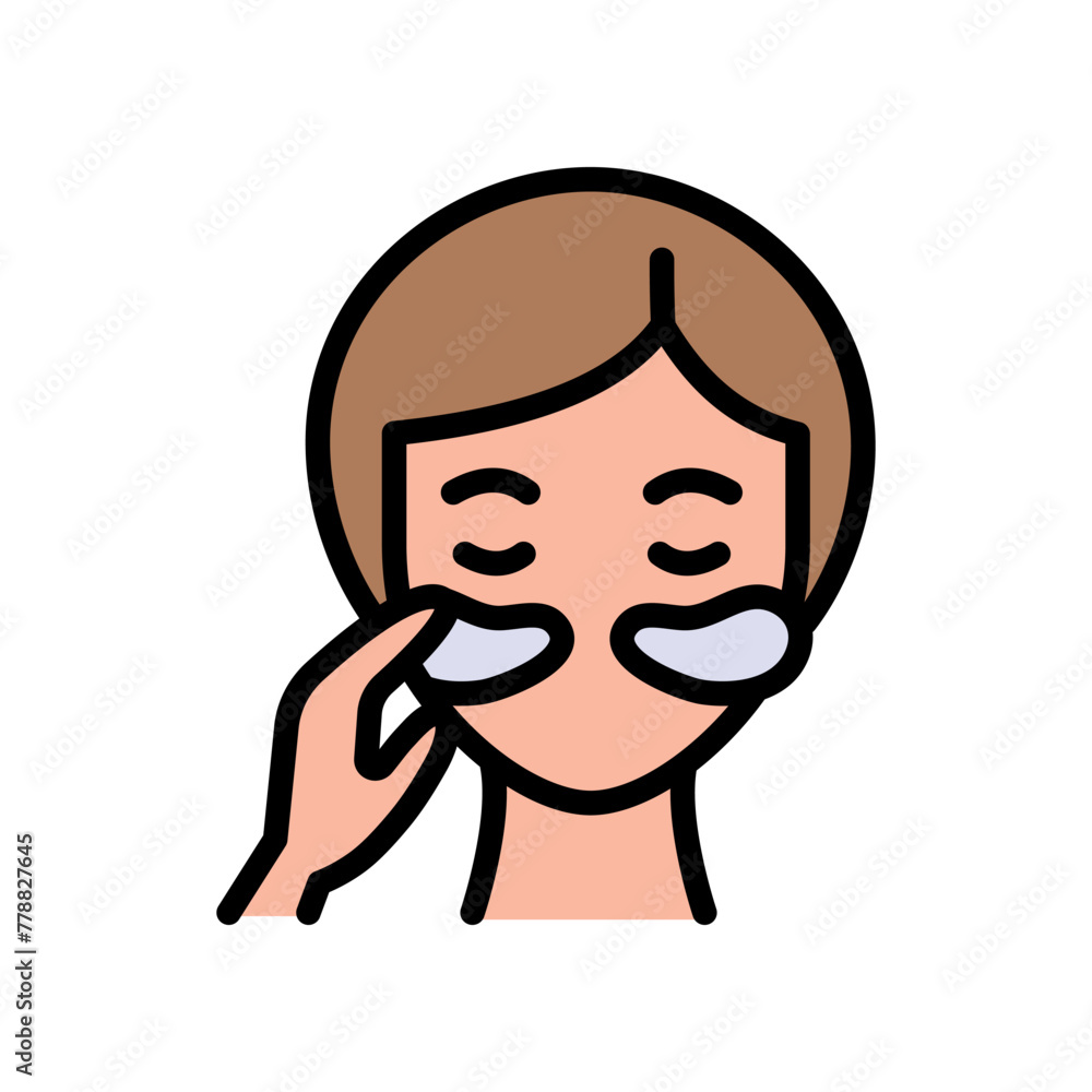 Girl face with patches color icon. Beauty procedure concept, applying cosmetic patches under the eyes sign on white background. Gel patch on face icon simple style. Vector graphics. Girl face with patches color icon. Beauty procedure concept, applying cosmetic patches under the eyes sign on white background. Gel patch on face icon simple style. Vector graphics.