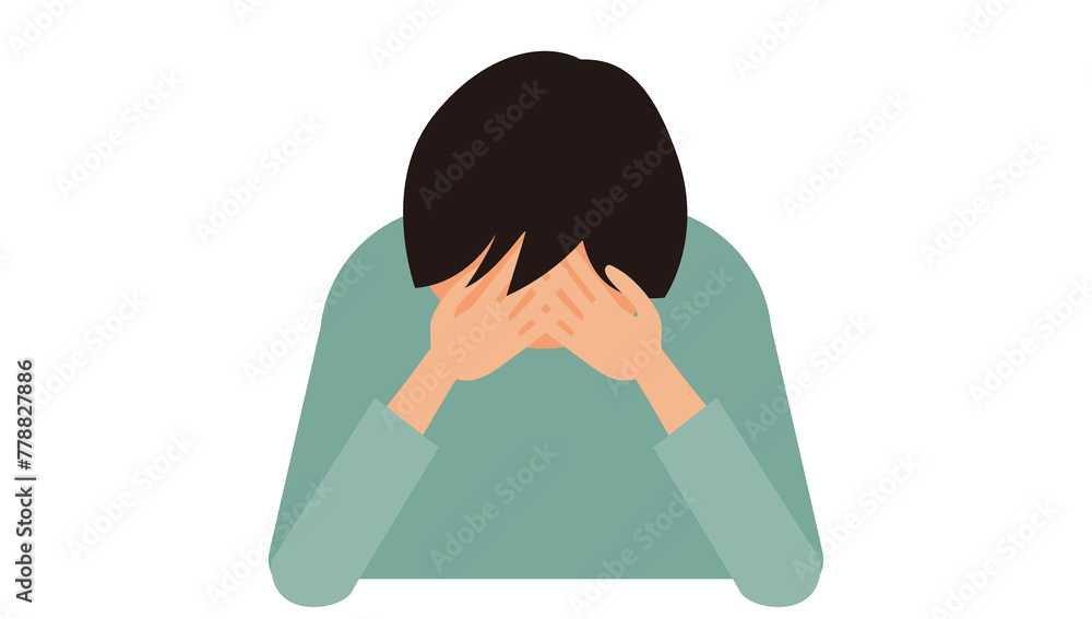 顔に両手をあてて落ち込む普段着の男性の正面イラスト 顔に両手をあてて落ち込む普段着の男性の正面イラスト
