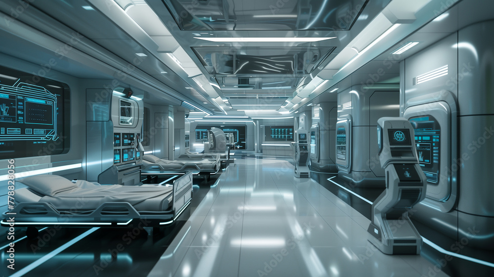 Futuristic hospital room with CT scan machine The room is bright and sterile with blue tones. The CT scan machine is the main focus of the room. Futuristic hospital room with CT scan machine The room is bright and sterile with blue tones. The CT scan machine is the main focus of the room.