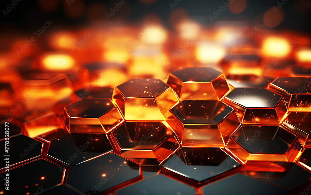 Obraz premium Abstract 3d rendering acrylic of golden hexagons with glowing golden lights background