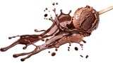 Chocolate liquid splashing with chocolate popsicle in the middle isolated on white background