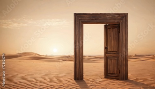 An open wooden door stands isolated in a vast desert landscape, symbolizing mystery and the entrance to new possibilities.