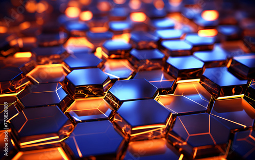 Abstract 3d rendering acrylic of blue hexagons with glowing golden lights background