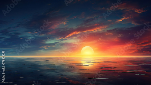A story of romance and tranquility, a breathtaking seascape under the full moon, as the colors shift from sunset to night in an artistic way Ai Generative