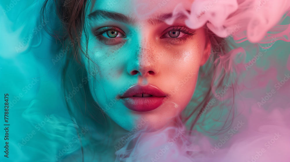 A woman's face is shown with smoke and a blue background. The smoke is coming from a pipe and the woman's face is the main focus of the image. female model with pink and teal smoke flowing oround.