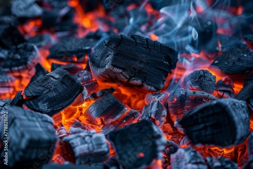 Smoldering coal in a fire close-up, photographic quality