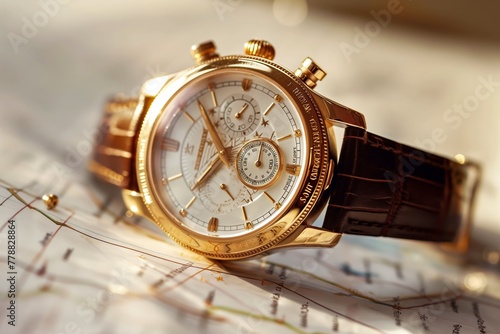 Elegant gold watch on map background symbolizing luxury travel and time management for global business.