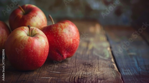 Empty wooden plank table and some ripe red apples on the table background