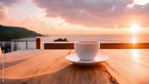 Coffee at table with ocean view at sunset.
