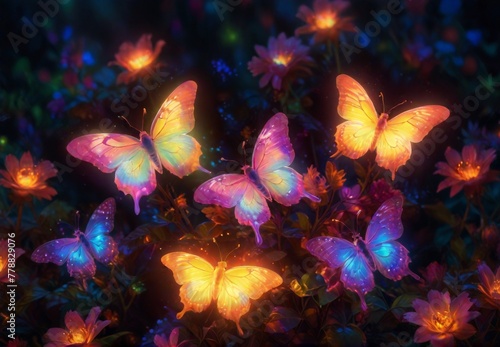 Glowing magical butterflies in the night